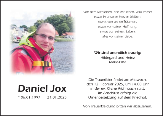 Traueranzeige von Daniel Jox von Wetterauer Zeitung