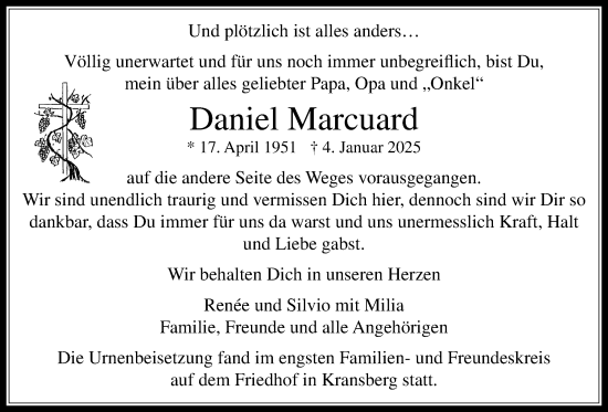 Traueranzeige von Daniel Marcuard von Usinger Anzeiger, Usinger Anzeigenblatt