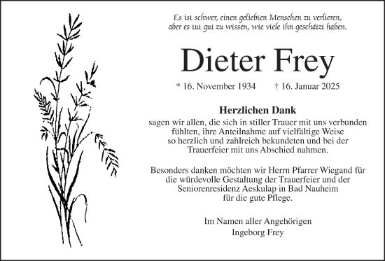 Traueranzeige von Dieter Frey von Butzbacher Zeitung