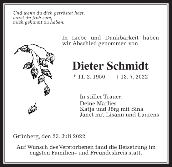 Traueranzeige von Dieter Schmidt von Giessener Allgemeine, Alsfelder Allgemeine, Giessener Allgemeine, Alsfelder Allgemeine