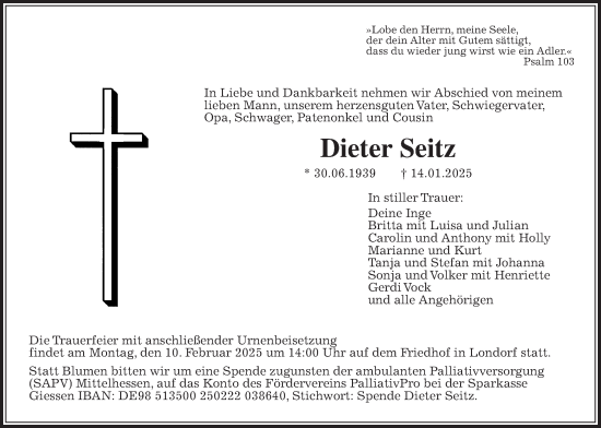 Traueranzeige von Dieter Seitz von Giessener Allgemeine, Alsfelder Allgemeine
