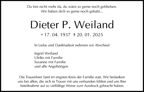 Traueranzeige von Dieter Weiland von Wetterauer Zeitung