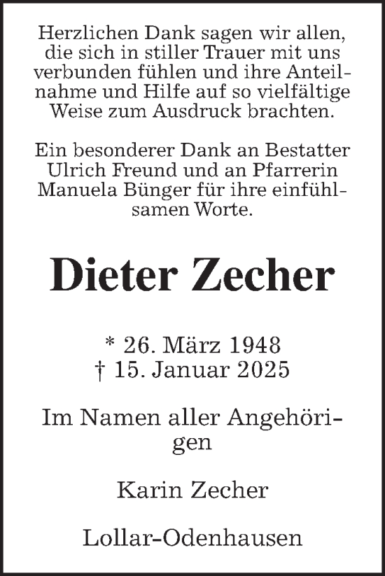 Traueranzeige von Dieter Zecher von Giessener Anzeiger, Giessener Allgemeine, Alsfelder Allgemeine