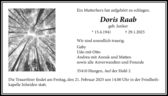 Traueranzeige von Doris Raab von Licher Wochenblatt
