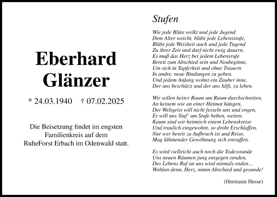 Traueranzeige von Eberhard Glänzer von Kreis-Anzeiger