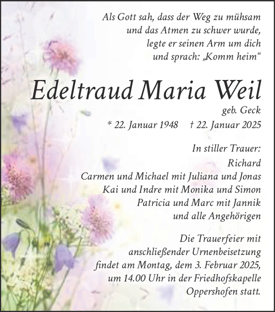 Traueranzeige von Edeltraud Maria Weil von Butzbacher Zeitung, Wetterauer Zeitung