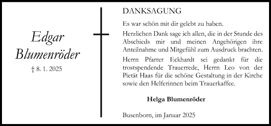 Traueranzeige von Edgar Blumenröder von Kreis-Anzeiger