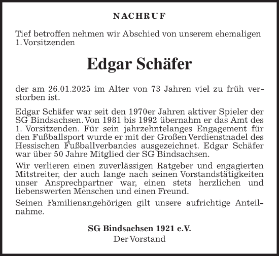 Traueranzeige von Edgar Schäfer von Kreis-Anzeiger