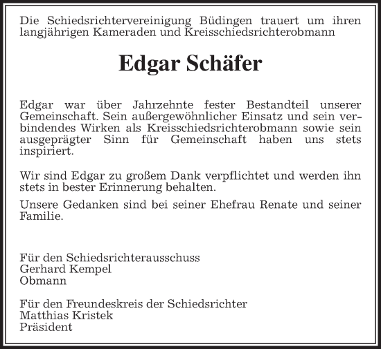 Traueranzeige von Edgar Schäfer von Kreis-Anzeiger