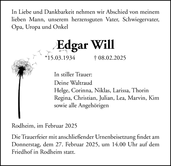 Traueranzeige von Edgar Will von Wetterauer Zeitung, Wetterauer Zeitung, Wetterauer Zeitung