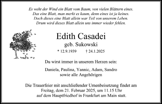 Traueranzeige von Edith Casadei von Bad Vilbel/Karben