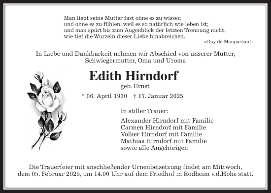 Traueranzeige von Edith Hirndorf von Wetterauer Zeitung