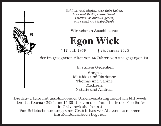 Traueranzeige von Egon Wick von Usinger Anzeiger, Usinger Anzeigenblatt