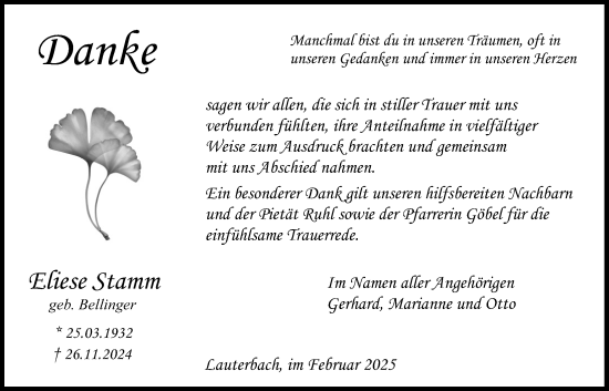 Traueranzeige von Eliese Stamm von Lauterbacher Anzeiger