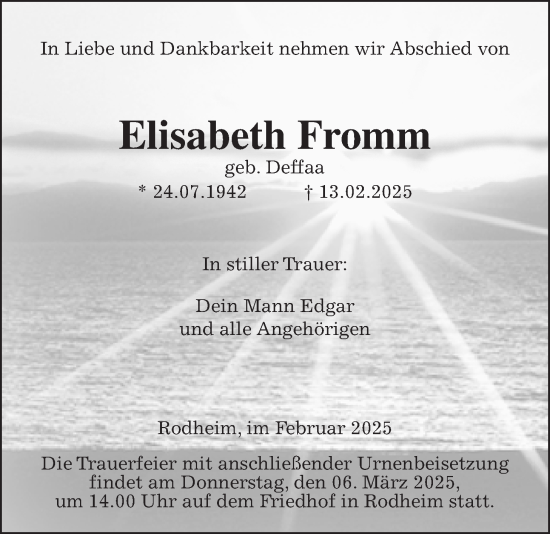 Traueranzeige von Elisabeth Fromm von Wetterauer Zeitung, Wetterauer Zeitung, Wetterauer Zeitung