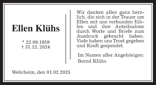 Traueranzeige von Ellen Klühs von Usinger Anzeiger