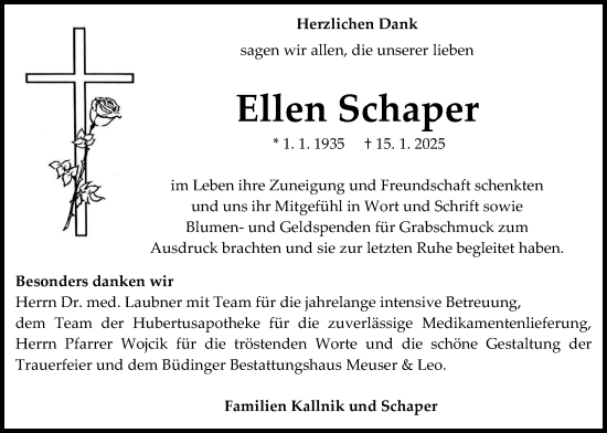 Traueranzeige von Ellen Schaper von Kreis-Anzeiger