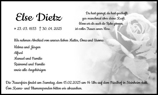 Traueranzeige von Else Dietz von Licher Wochenblatt