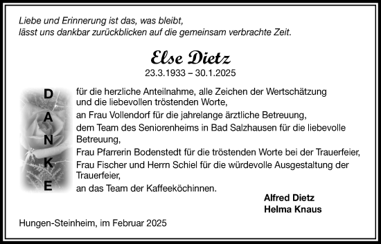 Traueranzeige von Else Dietz von Licher Wochenblatt