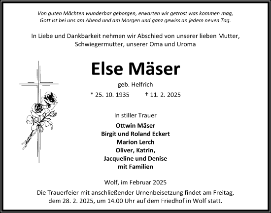 Traueranzeige von Else Mäser von Kreis-Anzeiger