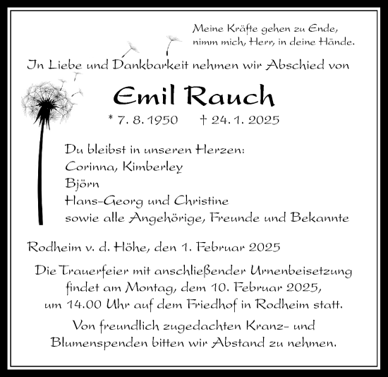 Traueranzeige von Emil Rauch von Wetterauer Zeitung