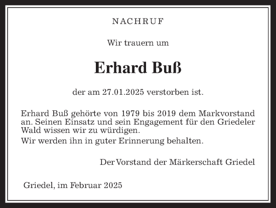 Traueranzeige von Erhard Buß von Butzbacher Zeitung