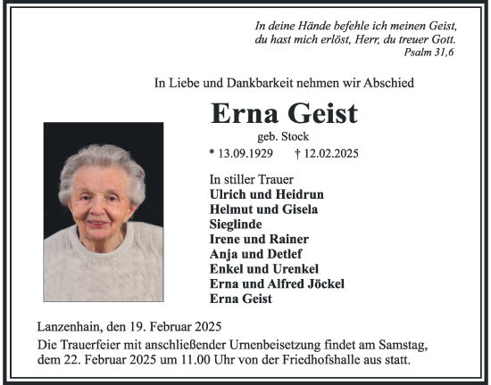 Traueranzeige von Erna Geist von Lauterbacher Anzeiger