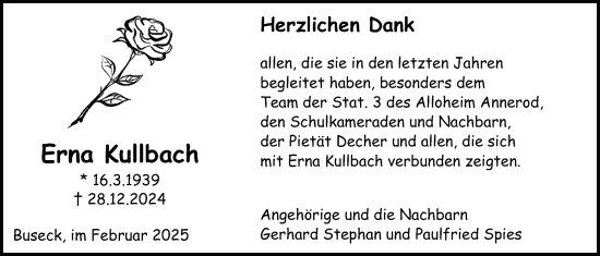Traueranzeige von Erna Kullbach von Giessener Anzeiger, Giessener Allgemeine, Alsfelder Allgemeine