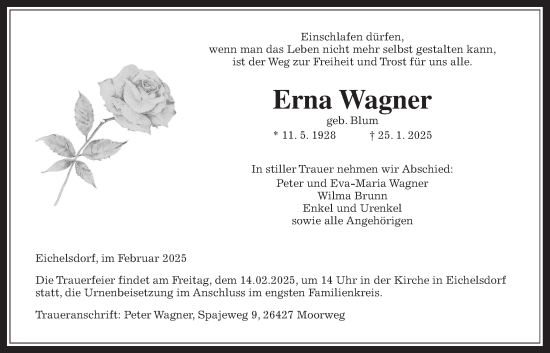 Traueranzeige von Erna Wagner von Kreis-Anzeiger