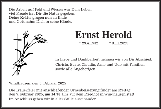 Traueranzeige von Ernst Herold von Oberhessische Zeitung