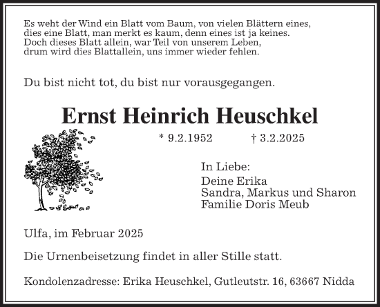 Traueranzeige von Ernst Heinrich Heuschkel von Kreis-Anzeiger, Wetterauer Zeitung