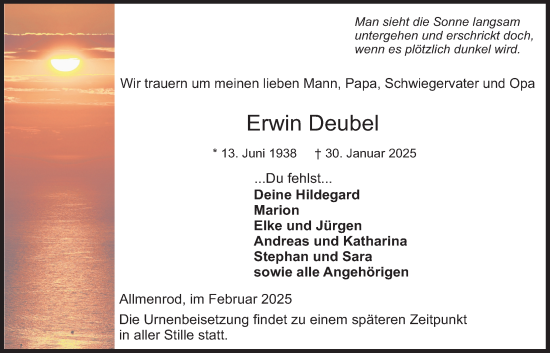 Traueranzeige von Erwin Deubel von Lauterbacher Anzeiger