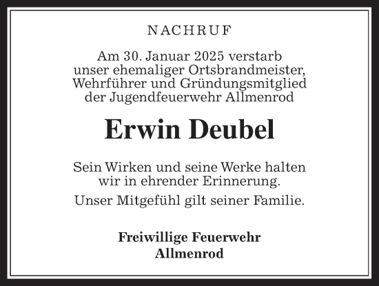 Traueranzeige von Erwin Deubel von Lauterbacher Anzeiger