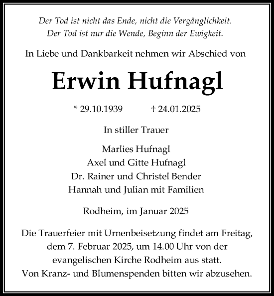 Traueranzeige von Erwin Hufnagl von Giessener Anzeiger
