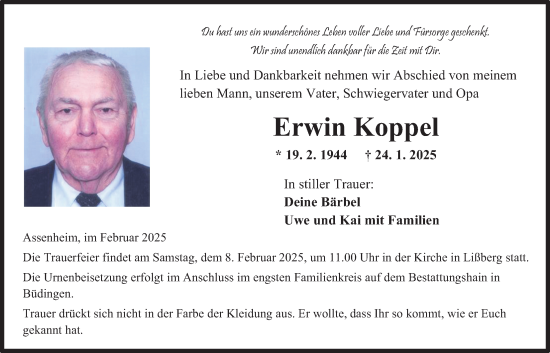 Traueranzeige von Erwin Koppel von Kreis-Anzeiger