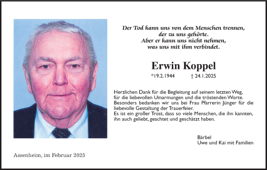 Traueranzeige von Erwin Koppel von Kreis-Anzeiger