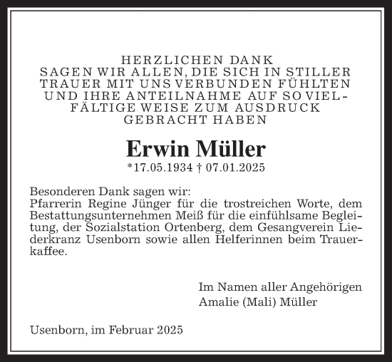 Traueranzeige von Erwin Müller von Kreis-Anzeiger