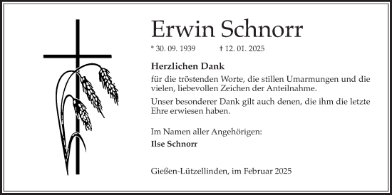 Traueranzeige von Erwin Schnorr von Giessener Anzeiger