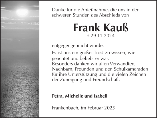 Traueranzeige von Frank Kauß von Giessener Allgemeine, Alsfelder Allgemeine