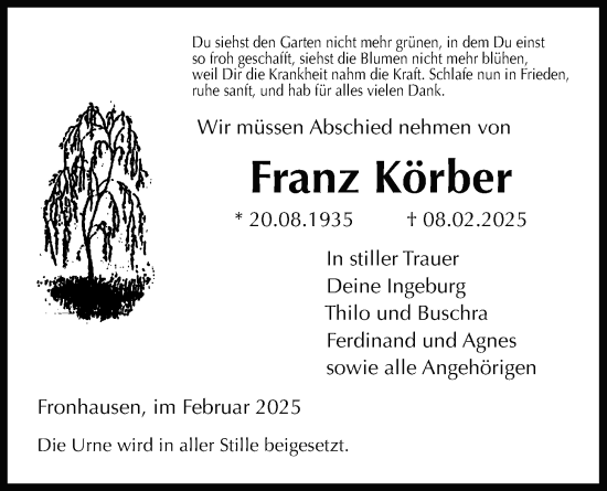Traueranzeige von Franz Körber von Giessener Allgemeine, Alsfelder Allgemeine, Giessener Anzeiger