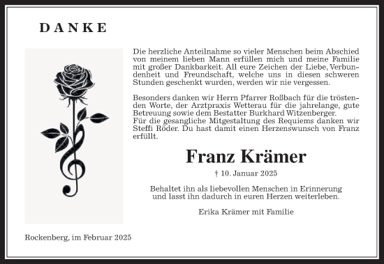 Traueranzeige von Franz Krämer von Butzbacher Zeitung