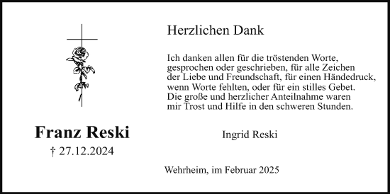 Traueranzeige von Franz Reski von Usinger Anzeiger