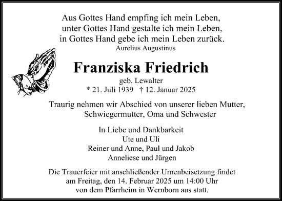 Traueranzeige von Franziska Friedrich von Usinger Anzeiger, Usinger Anzeigenblatt