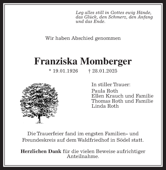 Traueranzeige von Franziska Momberger von Wetterauer Zeitung