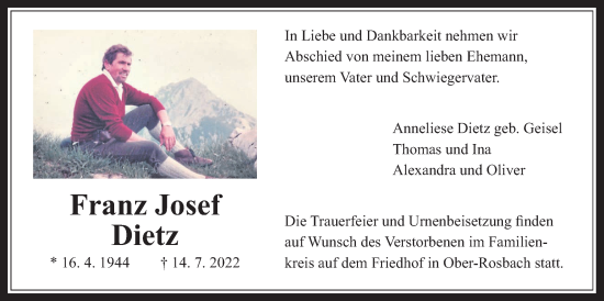 Traueranzeige von Franz Josef Dietz von Wetterauer Zeitung, Wetterauer Zeitung
