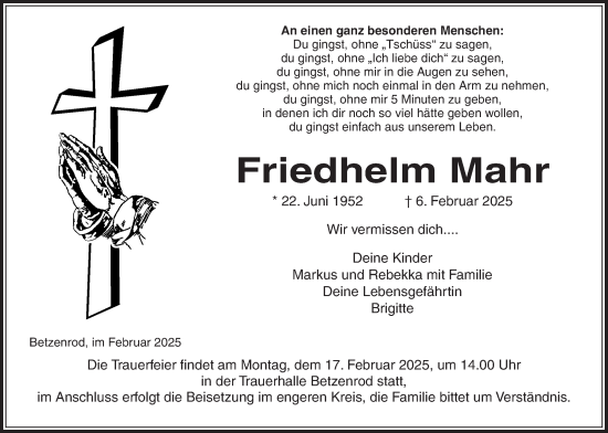 Traueranzeige von Friedhelm Mahr von Kreis-Anzeiger