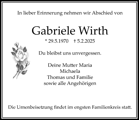 Traueranzeige von Gabriele Wirth von Bad Vilbel/Karben