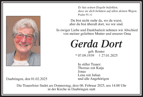 Traueranzeige von Gerda Dort von Giessener Allgemeine, Alsfelder Allgemeine, Giessener Anzeiger