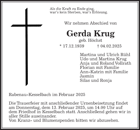 Traueranzeige von Gerda Krug von Giessener Anzeiger, Giessener Allgemeine, Alsfelder Allgemeine