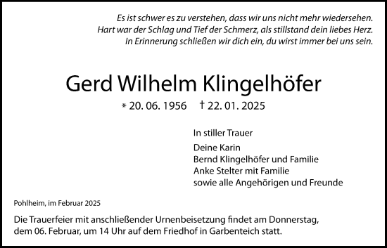 Traueranzeige von Gerd Wilhelm Klingelhöfer von Giessener Allgemeine, Alsfelder Allgemeine, Giessener Anzeiger